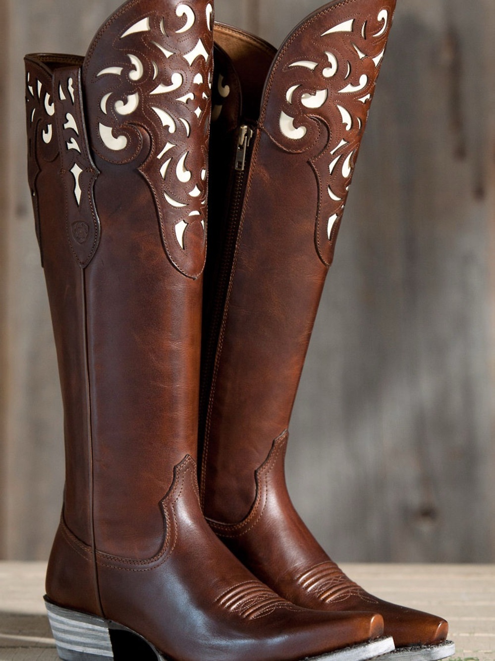 Ariat “Hacienda” Brown Leather Over-the-Knee Boots with Cream Cutout Detail